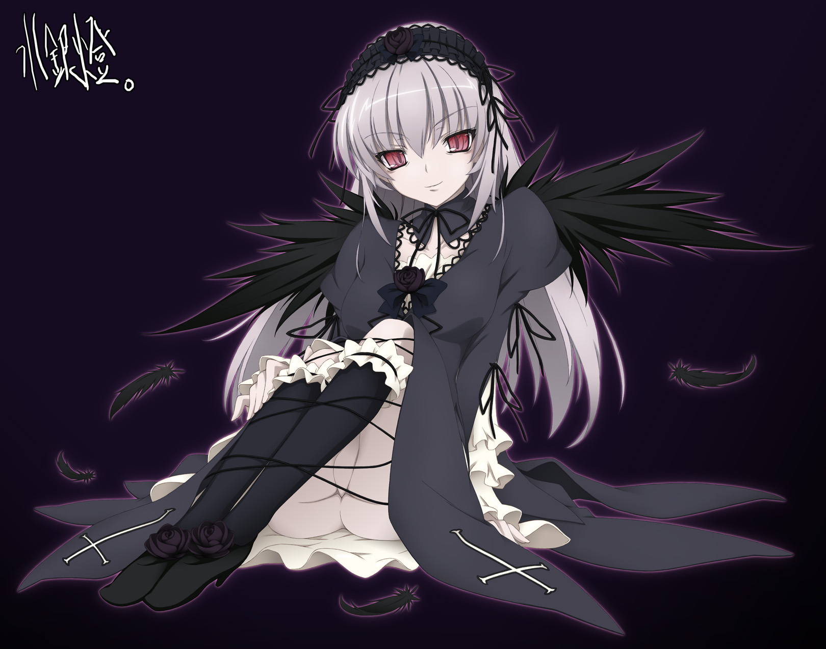 akinoko, suigintou, rozen maiden, silver hair, highres, 00s, 1girl, black socks, cross, dark, dress, falling feathers, feathers, female focus, frilled socks, frills, hair between eyes, hairband, inverted cross, kneehighs, lolita fashion, long hair, no panties, red eyes, sitting, socks, solo, wings