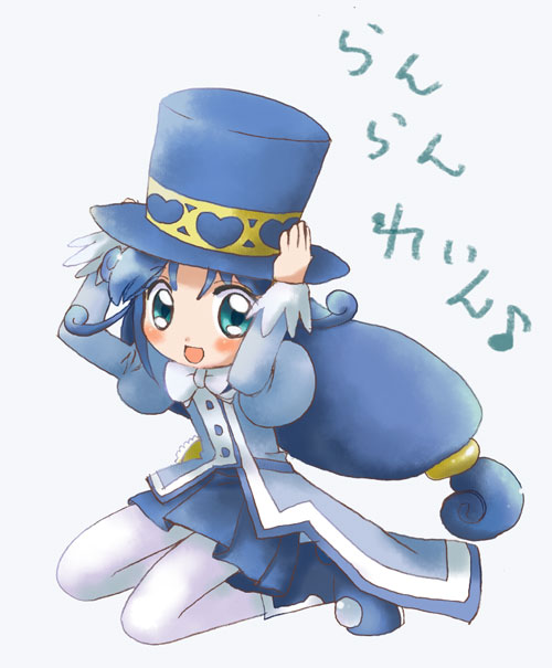 rein (futagohime), fushigiboshi no futago hime, 00s, 1girl, blue eyes, blue hair, female focus, hand on headwear, hat, long hair, low-tied long hair, matching hair/eyes, pantyhose, solo, top hat