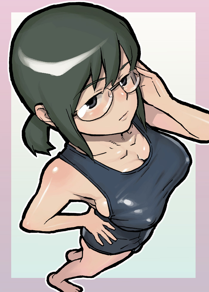 hijiri rei, hida sayuri, gokujou seitokai, md5 mismatch, 00s, 1girl, adjusting eyewear, barefoot, black eyes, breasts, covered erect nipples, female focus, foreshortening, from above, glasses, green hair, large breasts, looking at viewer, looking up, one-piece swimsuit, perspective, school swimsuit, short hair, solo, swimsuit