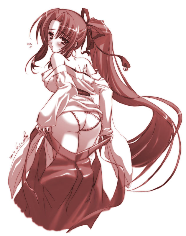 katagiri hinata, haruka (sister princess), suwa shizuka, sister princess, yuuhi no mukougawa, 00s, 1girl, blush, breasts, clothes pull, female focus, japanese clothes, long hair, long sleeves, looking back, medium breasts, miko, nipple slip, nipples, panties, ponytail, ribbon, scar, shirt pull, signature, skirt, skirt pull, solo, underwear, undressing, very long hair