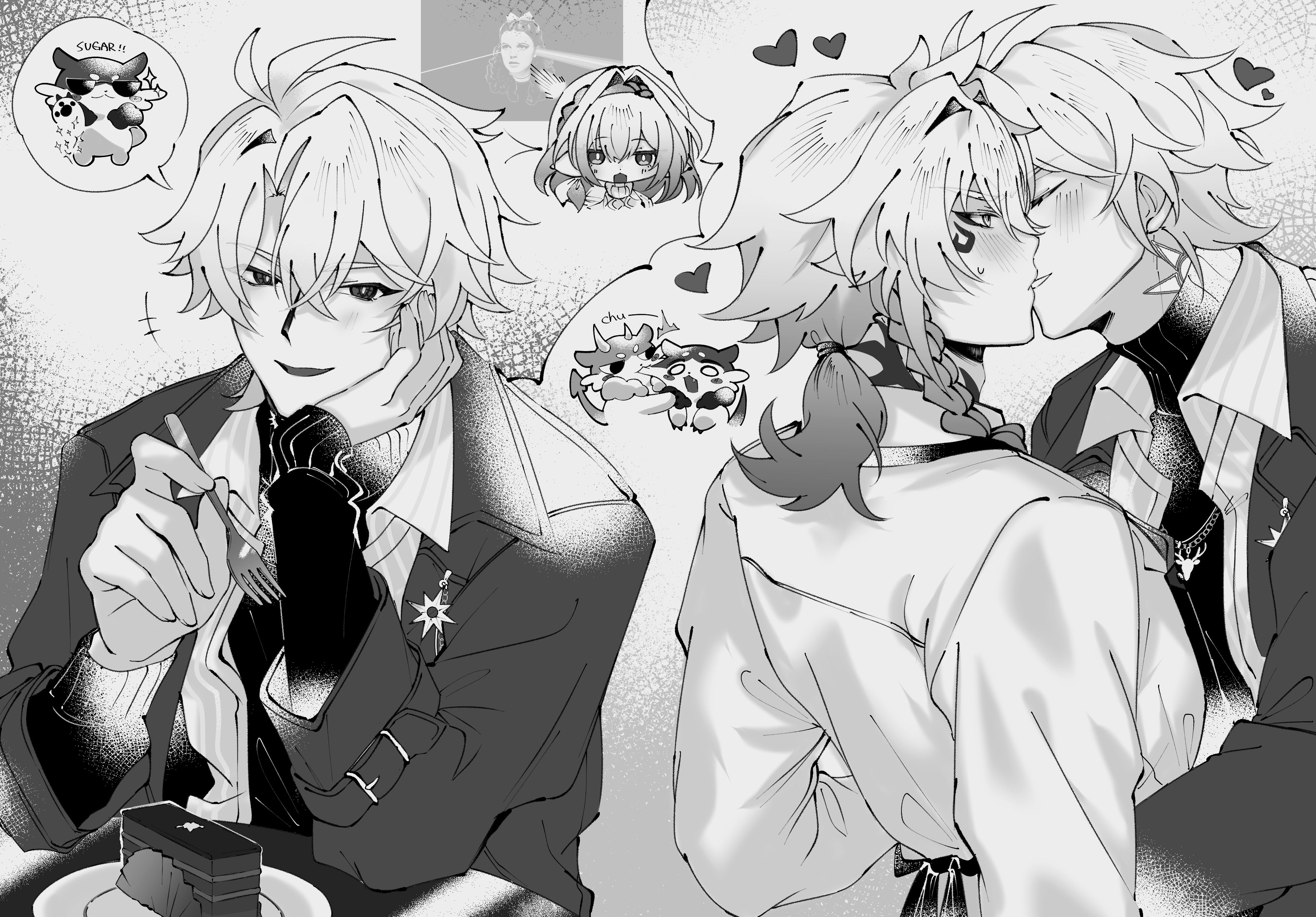 castorice (honkai: star rail), mydei (delicacies) (honkai: star rail), mydei (honkai: star rail), phainon (honkai: star rail), honkai: star rail, honkai (series), absurdres, highres, 1girl, 2boys, antenna hair, apron, back, black sweater, blush, braid, chibi, chimera (honkai: star rail), coat, greyscale, hair between eyes, head rest, kiss, maoi8 n6, monochrome, multiple boys, multiple views, official alternate costume, open clothes, open coat, open shirt, parted bangs, phainon (luckin coffee) (honkai: star rail), shirt, short hair, single braid, smile, sweater, turtleneck, turtleneck sweater, white shirt, yaoi