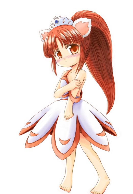 leonne, fushigiboshi no futago hime, 00s, 1girl, animal ears, barefoot, blush, brown hair, cat ears, embarrassed, feet, female focus, orange eyes, orange hair, ponytail, solo, strap slip, tiara
