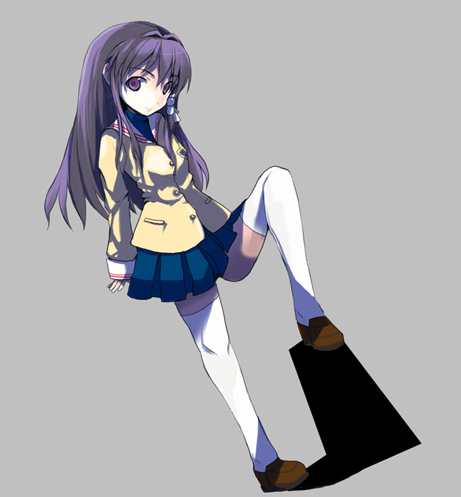 obscur, fujibayashi kyou, clannad, 00s, 1girl, female focus, pleated skirt, school uniform, serafuku, simple background, skirt, solo, thighhighs, white thighhighs, zettai ryouiki