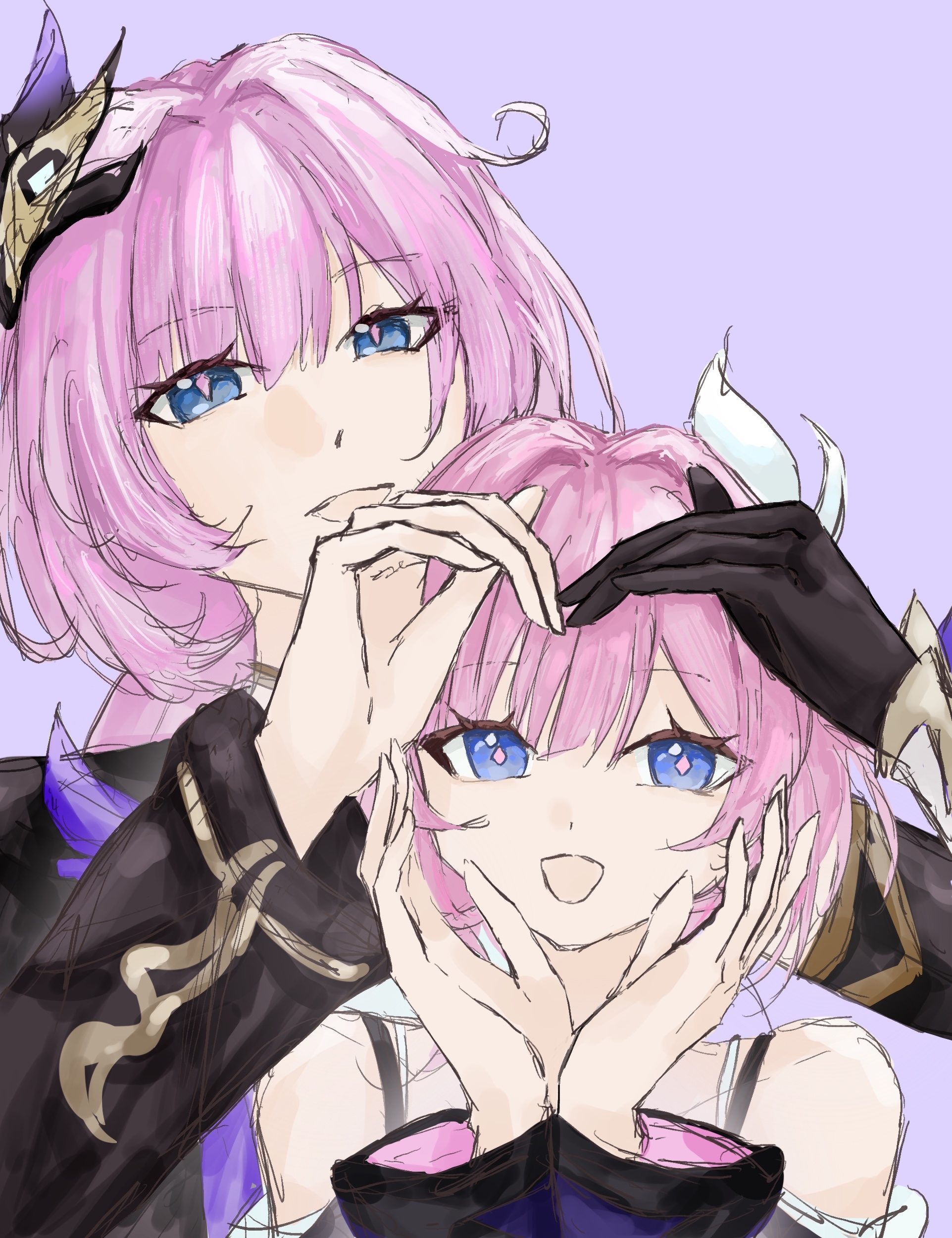 cyrene (honkai: star rail), elysia (honkai impact), elysia (miss pink elf) (honkai impact), inoue marina, honkai: star rail, honkai (series), honkai impact 3rd, absurdres, chinese commentary, commentary request, highres, 2girls, bare shoulders, black gloves, blue eyes, coat, color connection, company connection, gloves, hair color connection, hair ornament, long hair, looking at viewer, multiple girls, pink hair, purple coat, short hair, shrug (clothing), simple background, single glove, syringakiri, voice actor connection, yanning