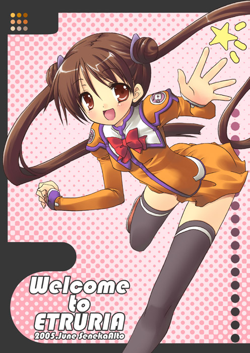 rusty soul, katase shima, uchuu no stellvia, 00s, 1girl, black thighhighs, breasts, brown eyes, brown hair, double bun, female focus, flat chest, hair bun, long hair, orange shirt, shirt, small breasts, solo, thighhighs, twintails, very long hair, zettai ryouiki
