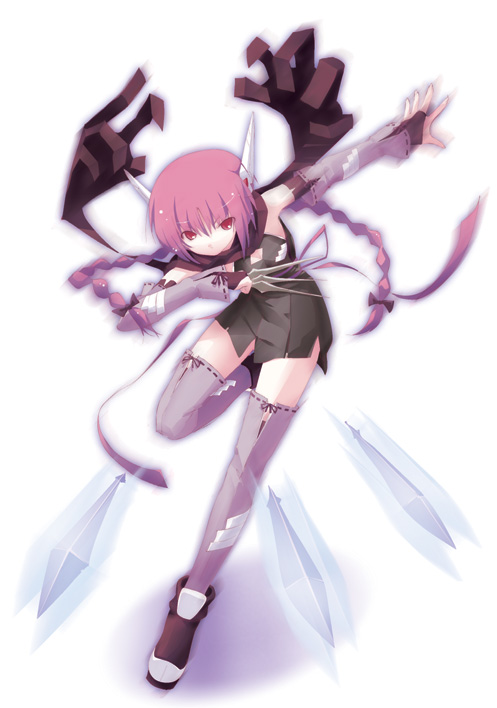 dasoku sentarou, original, 1girl, between fingers, braid, bridal gauntlets, female focus, grey thighhighs, holding, long hair, looking at viewer, ninja, purple hair, purple thighhighs, red eyes, solo, thighhighs, twin braids, weapon