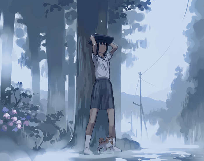 takamichi, original, 1girl, baby animal, bag, dog, female focus, flower, forest, hydrangea, improvised umbrella, nature, outdoors, pleated skirt, power lines, puppy, rain, school bag, school uniform, serafuku, skirt, sky, solo