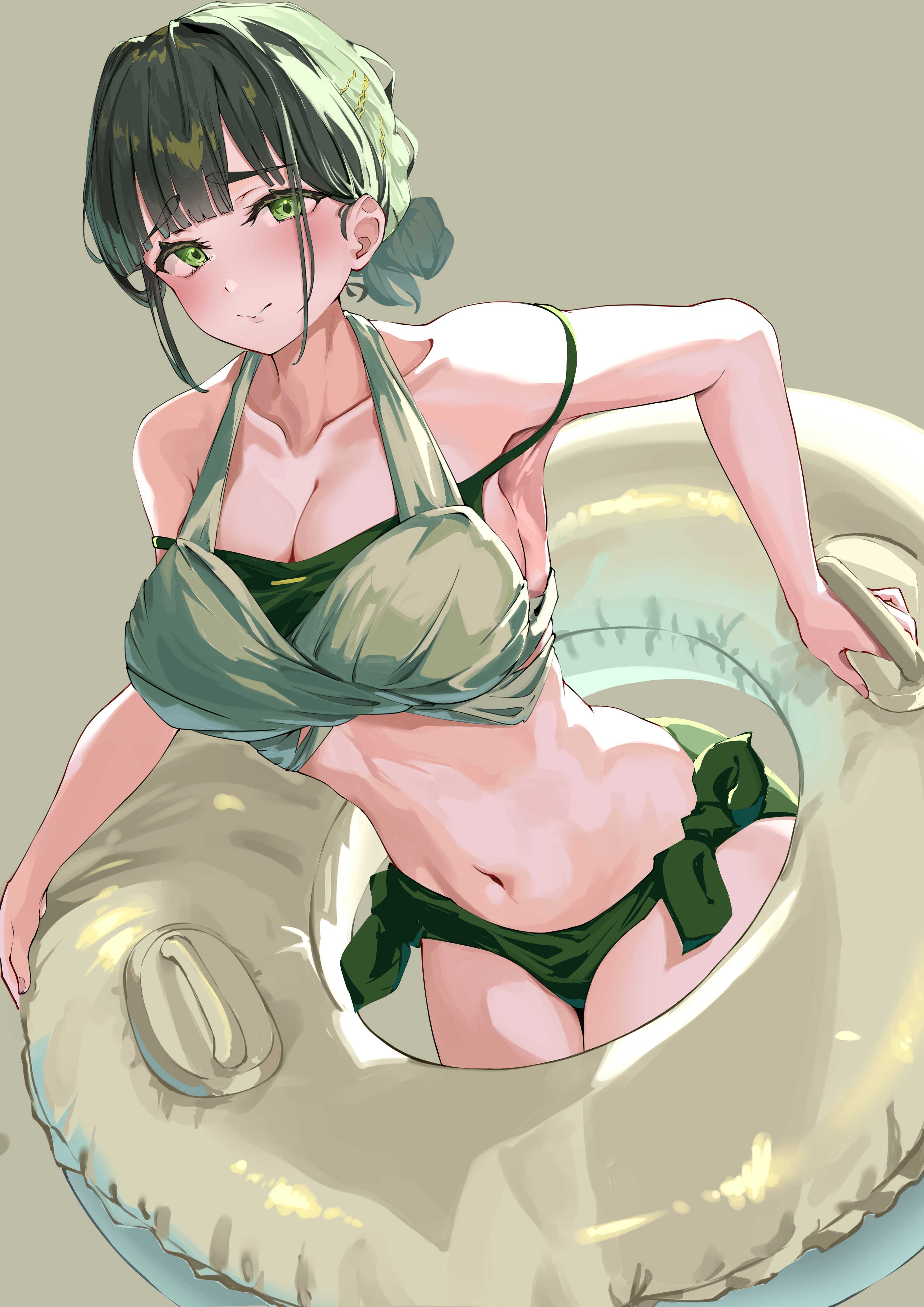 carskey1120, momose ginko, comiket 106, link! like! love live!, love live!, absurdres, commentary, hashtag-only commentary, highres, 1girl, backlighting, bare shoulders, bikini, breasts, cleavage, collarbone, cowboy shot, green bikini, green hair, grey background, holding, holding swim ring, innertube, large breasts, layered bikini, leaning forward, looking at viewer, momose ginko (c106 swimsuit), navel, off-shoulder bikini, off shoulder, official alternate costume, sideboob, simple background, solo, stomach, swim ring, swimsuit, virtual youtuber, white bikini, white innertube