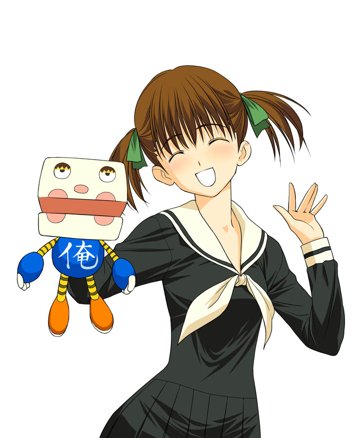 a1 (initial-g), fukuzawa yumi, masuda zigorow, gokujou seitokai, maria-sama ga miteru, 00s, 1girl, ^ ^, brown hair, closed eyes, doll, female focus, hair ribbon, hand puppet, head tilt, open mouth, puppet, ribbon, school uniform, simple background, smile, solo, twintails, white background