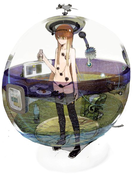 okama, original, black thighhighs, brown hair, bubble, drink, food, green eyes, nodes, solo, thighhighs