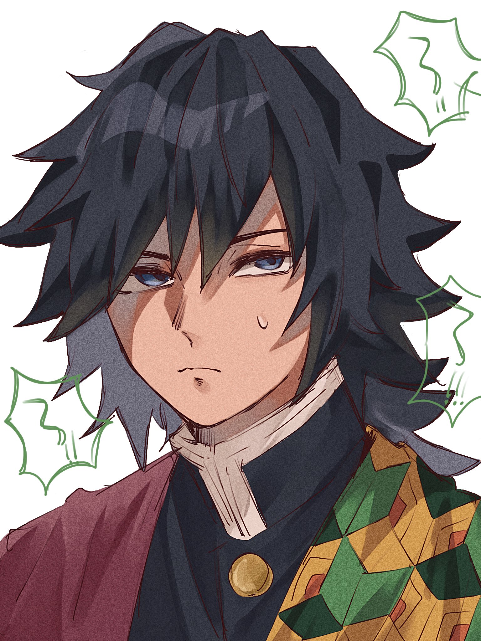 tomioka giyuu, kimetsu no yaiba, highres, 1boy, black hair, black jacket, blue eyes, buttons, closed mouth, demon slayer uniform, empty eyes, hair between eyes, half-closed eyes, haori, jacket, japanese clothes, kamaboooco, low ponytail, male focus, ponytail, print haori, red haori, simple background, solo, spiked hair, sweatdrop, upper body, white background