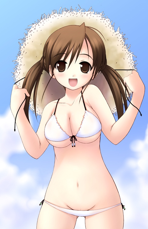shiou tsuyukusa, original, 1girl, bikini, breasts, brown eyes, brown hair, cloud, day, female focus, front-tie top, hat, long hair, lowleg, lowleg bikini, medium breasts, outdoors, side-tie bikini bottom, sky, solo, straw hat, string bikini, swimsuit, twintails, white bikini