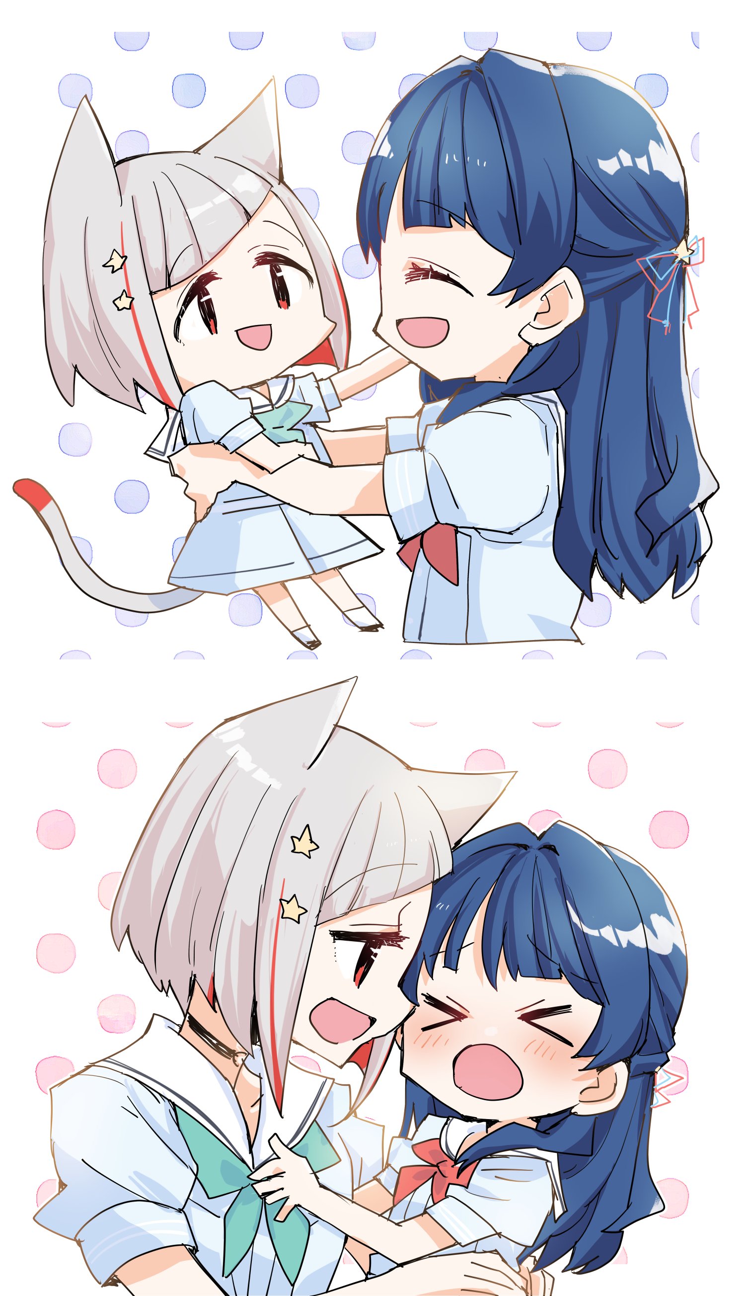 kanduki kamibukuro, murano sayaka, yugiri tsuzuri, link! like! love live!, love live!, absurdres, commentary request, highres, 2girls, :d, ^ ^, animal ears, aqua neckerchief, blue dress, blue hair, blue ribbon, bob cut, carrying, carrying person, cat ears, cat girl, cat tail, closed eyes, comparison, diagonal bangs, dollchestra, dress, grey hair, hair intakes, hair ornament, hair ribbon, half updo, hasu no sora school uniform, inverted bob, kemonomimi mode, multicolored hair, multiple girls, neckerchief, open mouth, profile, puffy short sleeves, puffy sleeves, red eyes, red hair, red neckerchief, red ribbon, ribbon, sailor collar, sailor dress, school uniform, short hair, short sleeves, smile, star (symbol), star hair ornament, streaked hair, summer uniform, tail, virtual youtuber, white sailor collar, yuri