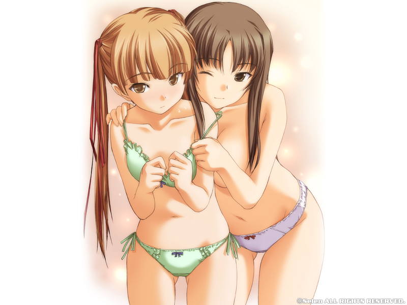 hizuki ayumi, hizuki mitsuna, ringetsu, topless, 2girls, bow panties, bra, brown eyes, brown hair, flat chest, green panties, lingerie, long hair, multiple girls, panties, side-tie panties, twintails, underwear, white panties, wink, yuri