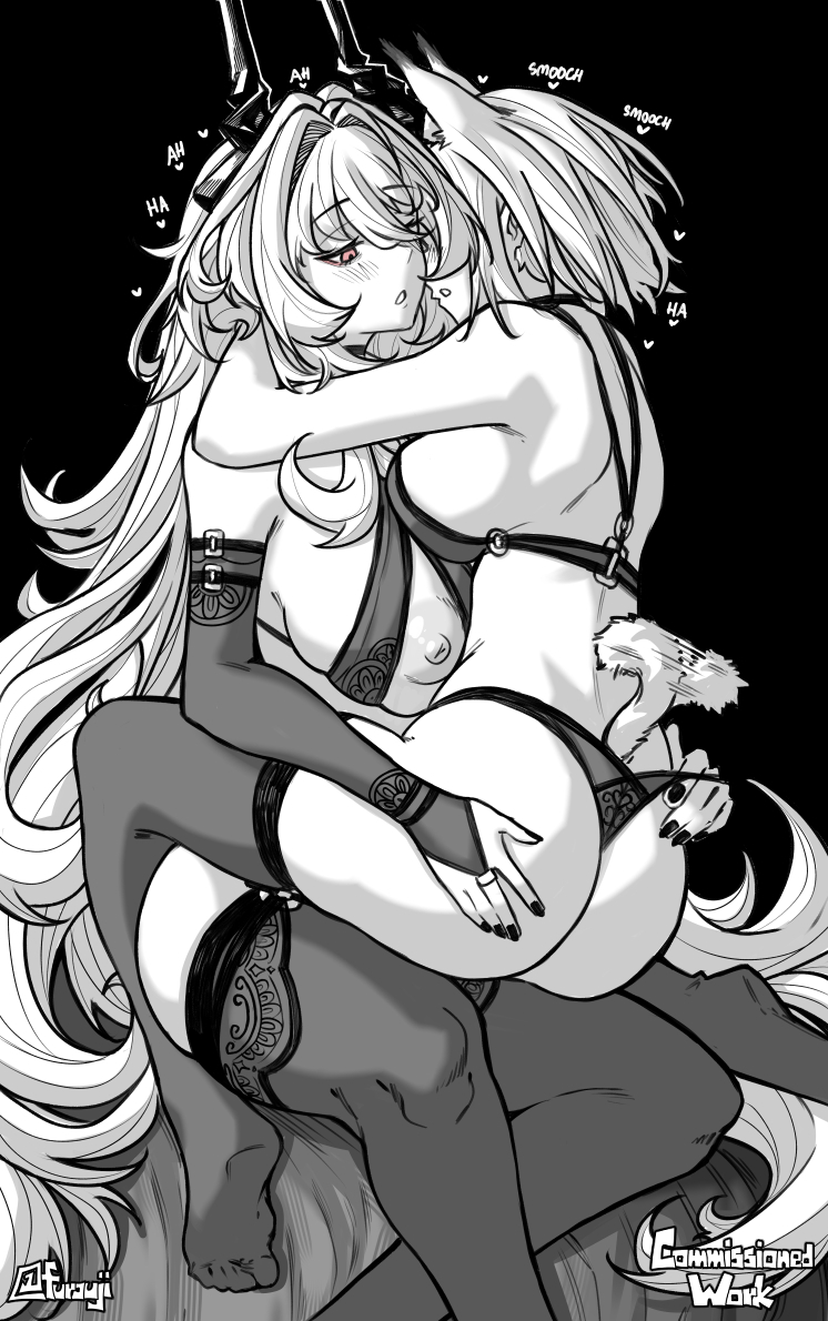 furauji, kal'tsit (arknights), theresa (arknights), arknights, 2girls, animal ears, bra, breasts, bridal gauntlets, extra ears, greyscale, hand on another's ass, horns, large breasts, long hair, medium hair, monochrome, multiple girls, nipples, panties, parted lips, pink eyes, sitting, sitting on lap, sitting on person, spot color, tail, tail wagging, thighhighs, underwear, very long hair, yuri