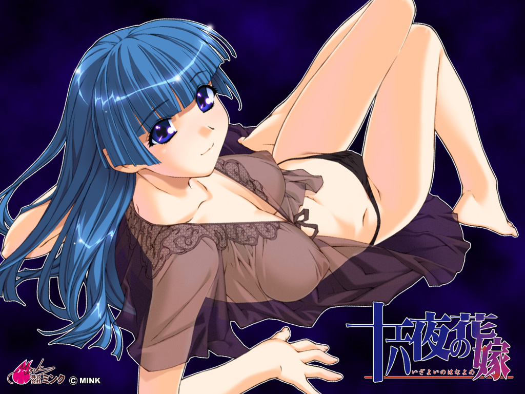 ino (magloid), yubiki shitone, izayoi no hanayome, 1girl, arm support, barefoot, black panties, blue eyes, blue hair, breasts, cleavage, feet, female focus, front-tie top, large breasts, long hair, looking at viewer, looking back, lying, matching hair/eyes, no bra, on back, panties, plantar flexion, see-through clothes, smile, solo, thigh gap, thighs, underwear
