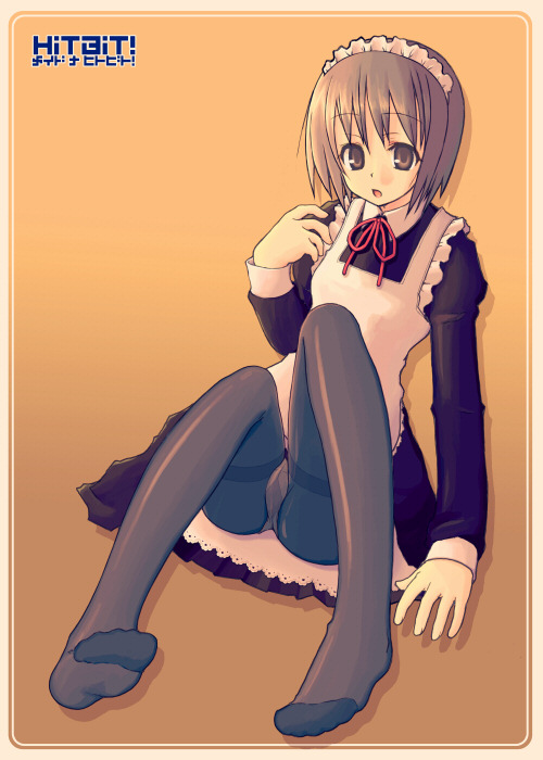 kimarin, original, 1girl, :o, brown eyes, brown hair, female focus, gusset, maid, maid headdress, no shoes, open mouth, panties, panties under pantyhose, pantyhose, pantyshot, short hair, sitting, solo, thighband pantyhose, underwear