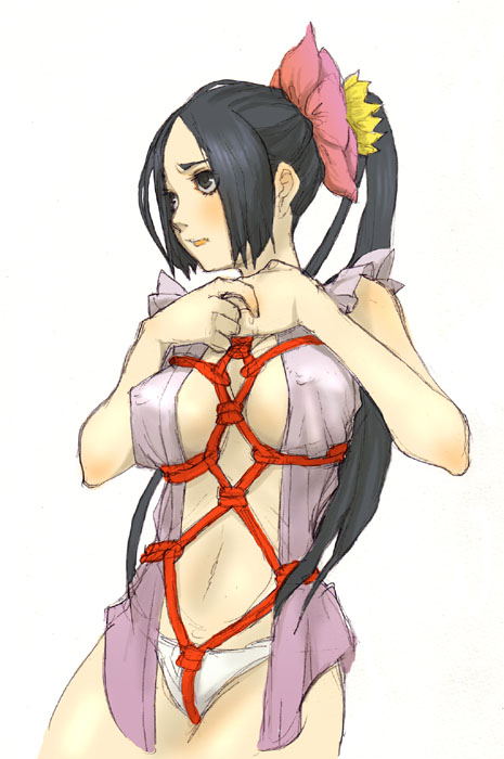 neoko, original, 1girl, bdsm, black eyes, black hair, blush, bondage, bound, breast bondage, breasts, breasts apart, covered erect nipples, cowboy shot, crotch rope, embarrassed, female focus, hands on own chest, high ponytail, large breasts, lips, long hair, looking afar, midriff, navel, no bra, no pants, open clothes, open shirt, own hands together, panties, ponytail, puffy short sleeves, puffy sleeves, rope, scrunchie, shibari, shirt, short sleeves, simple background, sketch, solo, underwear, very long hair, white background, white panties