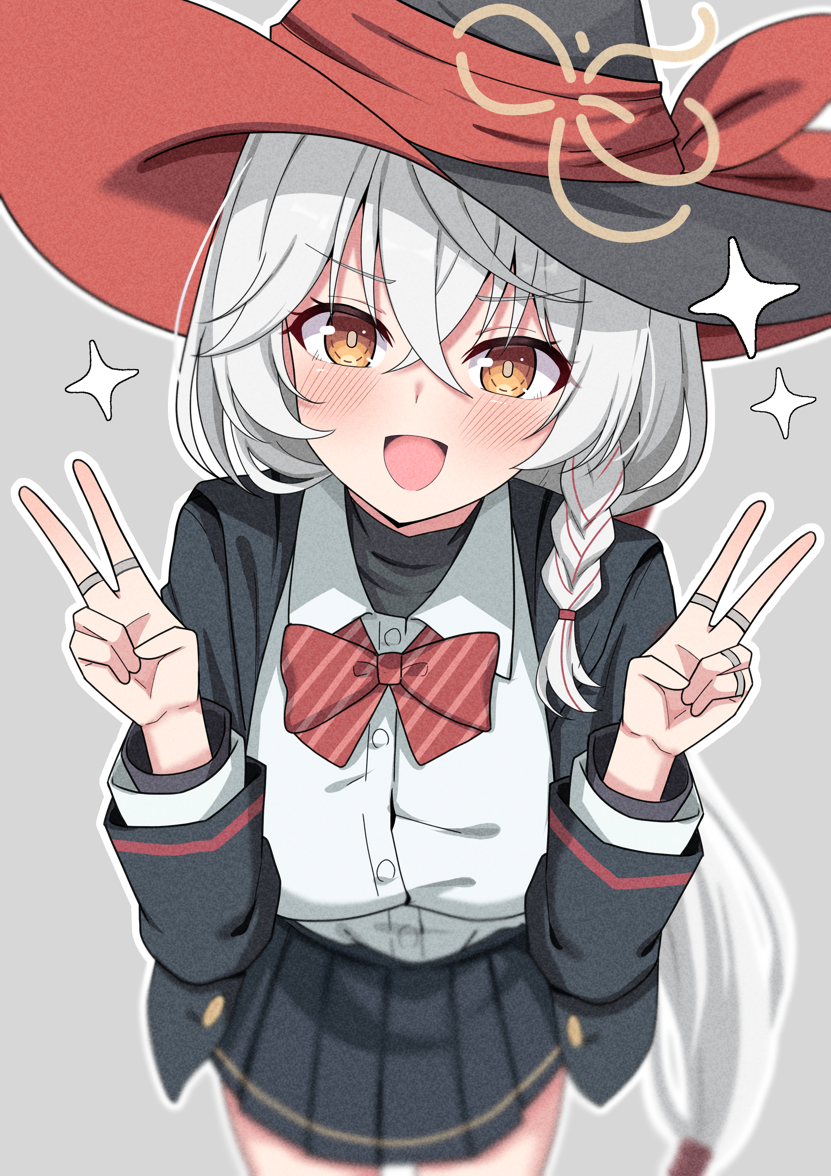 hosinonana, eri (blue archive), blue archive, absurdres, commentary request, highres, partial commentary, 1girl, black hat, black jacket, black skirt, blurry, blush, bow, bowtie, braid, breasts, buttons, collared shirt, crossed bangs, depth of field, diagonal-striped bow, diagonal-striped bowtie, diagonal-striped clothes, double v, gold trim, grey background, hair between eyes, halo, hands up, hat, hat ribbon, jacket, jewelry, large breasts, long hair, long sleeves, looking at viewer, miniskirt, multicolored hair, multiple rings, open clothes, open jacket, open mouth, outline, pleated skirt, red bow, red bowtie, red ribbon, red streaks, red trim, ribbon, ring, shirt, shirt tucked in, side halo, single braid, skirt, smile, solo, sparkle, standing, streaked hair, striped bow, striped bowtie, striped clothes, thighs, two-sided fabric, two-sided headwear, v, very long hair, white hair, white outline, white shirt, witch, witch hat, yellow eyes, yellow halo