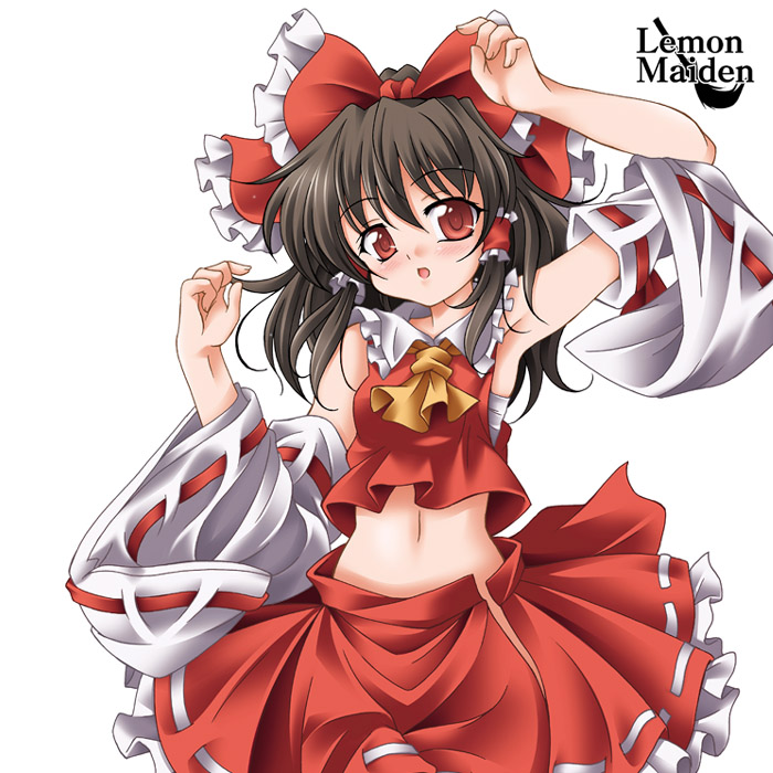 aoi masami, hakurei reimu, touhou, 1girl, armpits, arms up, ascot, black hair, blouse, bow, detached sleeves, female focus, hair bow, half updo, japanese clothes, midriff, miko, red eyes, red shirt, ribbon-trimmed skirt, ribbon trim, shirt, simple background, skirt, solo, white background, yellow ascot