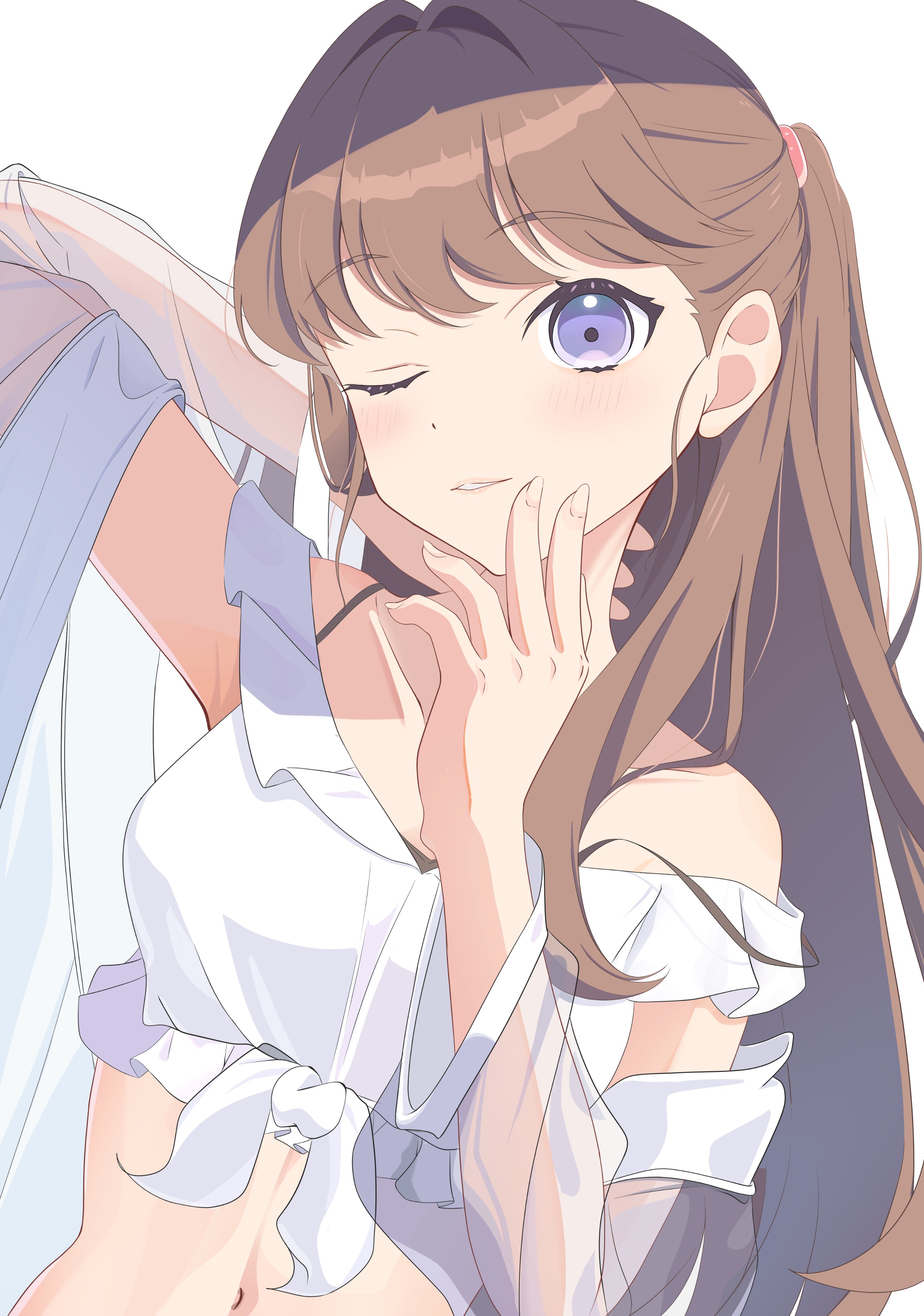 morio (mmorio mu), fujishima megumi, link! like! love live!, love live!, absurdres, commentary, highres, 1girl, arm up, bare shoulders, blush, brown hair, collarbone, detached sleeves, frilled shirt, frills, hair intakes, linea alba, long hair, navel, off shoulder, official alternate costume, one eye closed, parted lips, purple eyes, see-through clothes, see-through sleeves, shirt, simple background, solo, strap slip, tied shirt, two side up, upper body, virtual youtuber, white background, white shirt, white sleeves