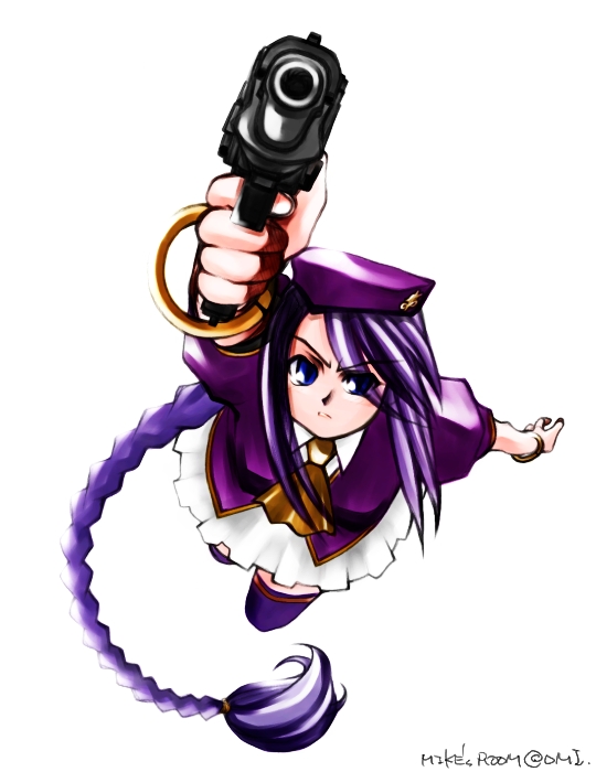 mike156, sion eltnam (type-moon), sion eltnam atlasia, melty blood, tsukihime, uniform, 00s, 1girl, aiming, aiming at viewer, blue eyes, braid, female focus, gun, handgun, holding, holding gun, holding weapon, long hair, pistol, purple hair, signature, single braid, solo, thighhighs, very long hair, weapon