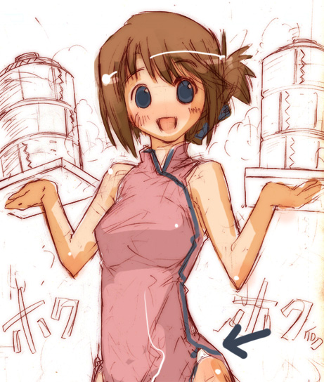 momiji mao, komaki manaka, to heart (series), to heart 2, 00s, 1girl, bamboo steamer, blue eyes, blush, brown hair, china dress, chinese clothes, dress, female focus, folded ponytail, hair ornament, hairclip, looking at viewer, open mouth, panties, short hair, sketch, solo, underwear, white panties