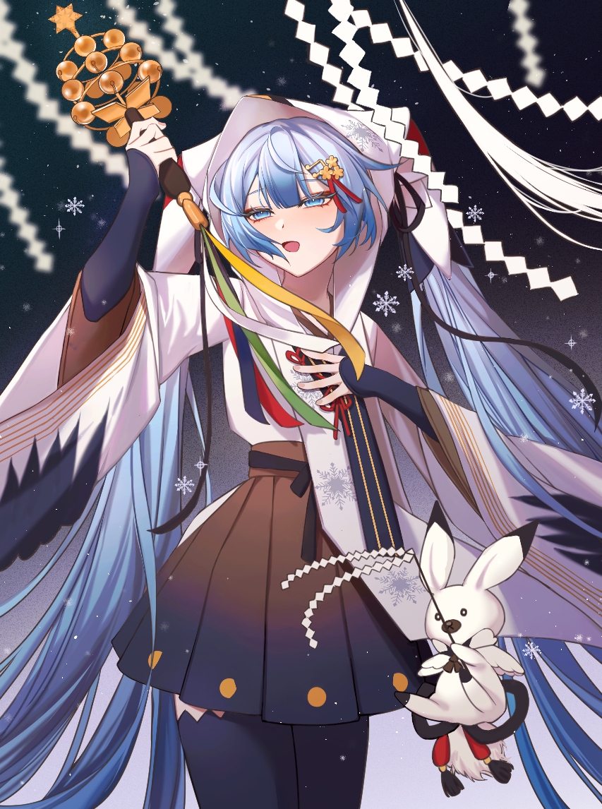 hatsune miku, rabbit yukine, yuki miku, yuki miku (2018), vocaloid, 1girl, 1other, bell, black skirt, black thighhighs, blue eyes, blue hair, blush, chihaya (clothing), fortissimo, hair ornament, holding, holding bell, japanese clothes, jingle bell, kagura suzu, long hair, long sleeves, miko, mojineko, musical note, musical note hair ornament, musical staff, musical staff print, official alternate costume, official alternate hairstyle, open mouth, pleated skirt, rabbit, skirt, snowflake print, thighhighs, twintails, very long hair, wide sleeves