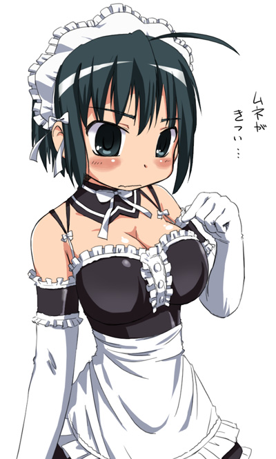 nagian, sawatari izumi, kore ga watashi no goshujin-sama, translated, 00s, 1girl, ahoge, apron, arm garter, bare shoulders, black eyes, black hair, blush, breast poke, breasts, cleavage, cowboy shot, detached collar, dot nose, elbow gloves, female focus, gloves, large breasts, maid, maid headdress, medium breasts, nakabayashi yoshitaka's maid uniform, no bra, poking, short hair, simple background, solo, standing, waist apron, wavy mouth, white background, white gloves