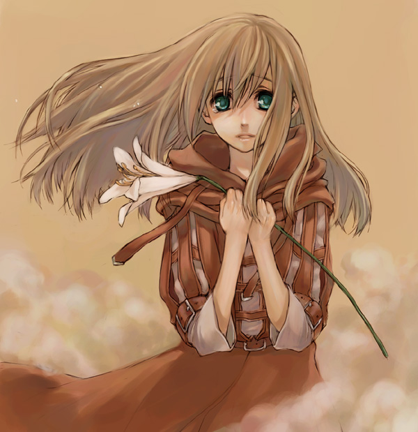 yuuryuu nagare, original, 1girl, brown hair, female focus, floating hair, flower, green eyes, holding, hood, hoodie, lily (flower), long hair, looking at viewer, open mouth, solo, tears