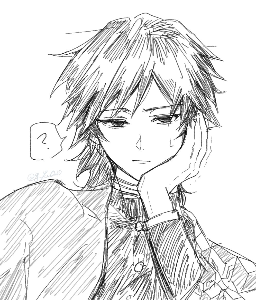 tomioka giyuu, kimetsu no yaiba, commentary request, 1boy, ?, closed mouth, demon slayer uniform, g yu0o0, greyscale, hatching (texture), head rest, linear hatching, long hair, long sleeves, looking at viewer, male focus, monochrome, sketch, solo, spoken question mark, swept bangs, twitter username