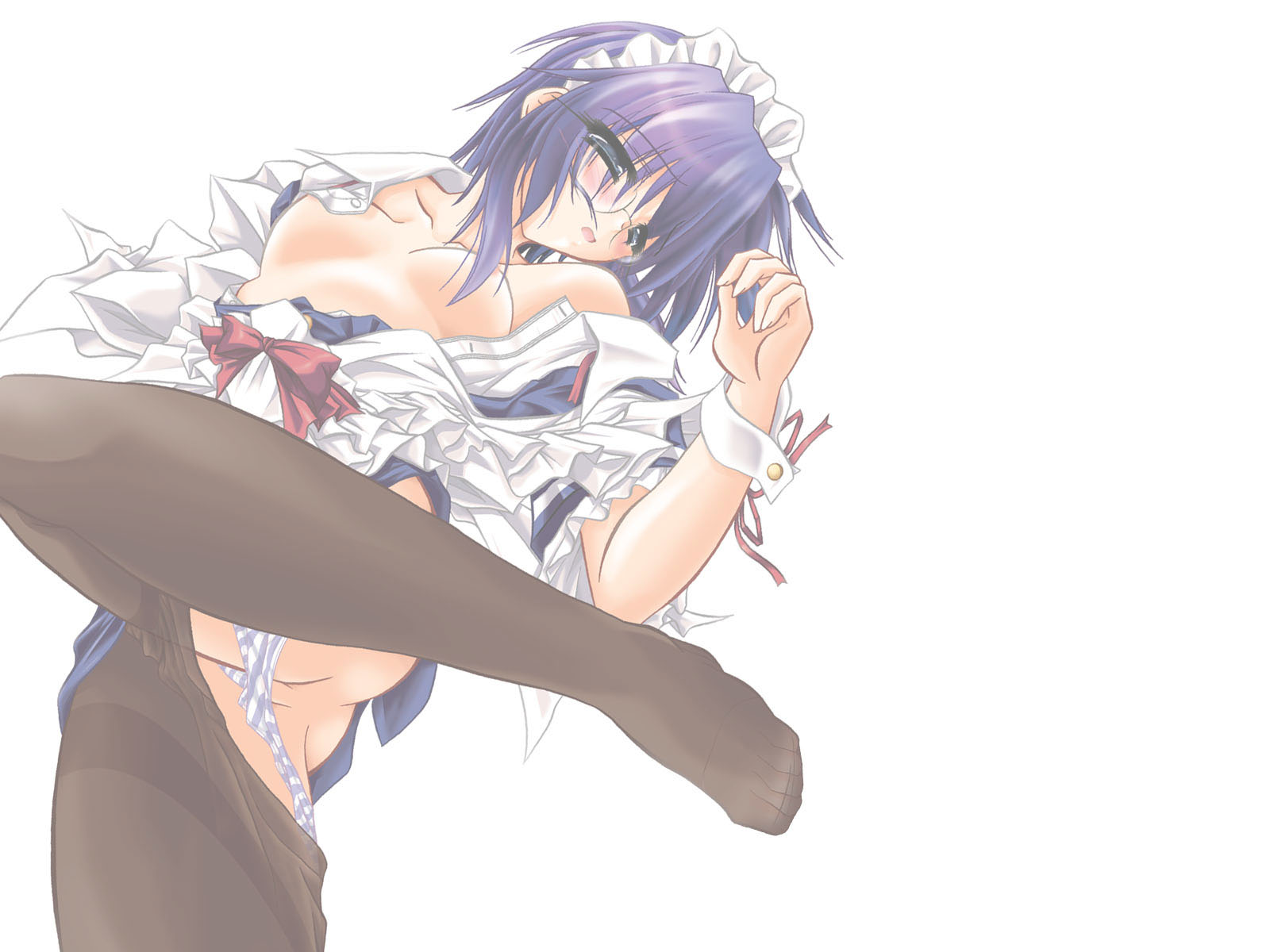 parfait (artist), original, highres, 1girl, areola slip, ass, blue eyes, blue hair, blue panties, blush, bow, breasts, censored, clothes pull, convenient censoring, female focus, flat chest, glasses, hair censor, hair over breasts, lying, maid, maid headdress, matching hair/eyes, no bra, no shoes, on back, open clothes, open mouth, open shirt, panties, panty pull, pantyhose, pantyhose pull, pussy, ribbon, shirt, simple background, small breasts, solo, spread legs, striped clothes, striped panties, thighband pantyhose, uncensored, underwear, white background, wrist cuffs