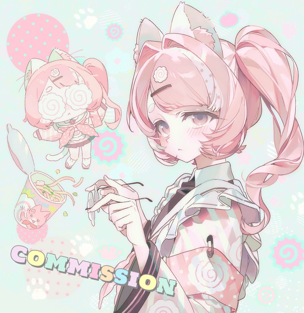naku (naku999ziye), original, commission, 1girl, aqua background, chibi, closed mouth, cup ramen, english text, full body, glasses, hands up, holding, holding removed eyewear, jacket, long hair, looking at viewer, pink eyes, pink hair, pink jacket, side ponytail, solo, unworn eyewear, upper body, wide sleeves