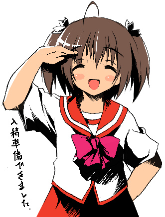 kantoku, yuzuhara konomi, to heart (series), to heart 2, lowres, 00s, 1girl, ahoge, arm behind back, blush, brown hair, closed eyes, female focus, open mouth, salute, school uniform, serafuku, simple background, skirt, solo, two side up, white background