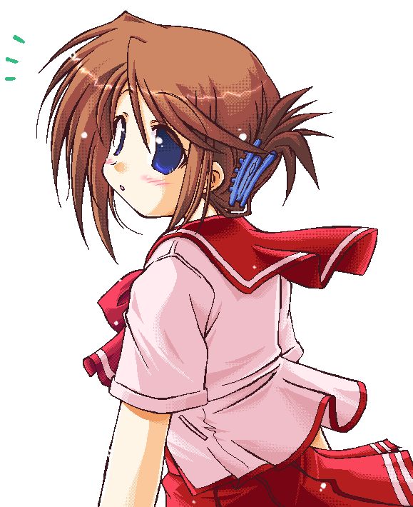 yoshida tooru, komaki manaka, to heart (series), to heart 2, 00s, 1girl, blue eyes, brown hair, female focus, folded ponytail, pleated skirt, school uniform, serafuku, simple background, skirt, solo, white background