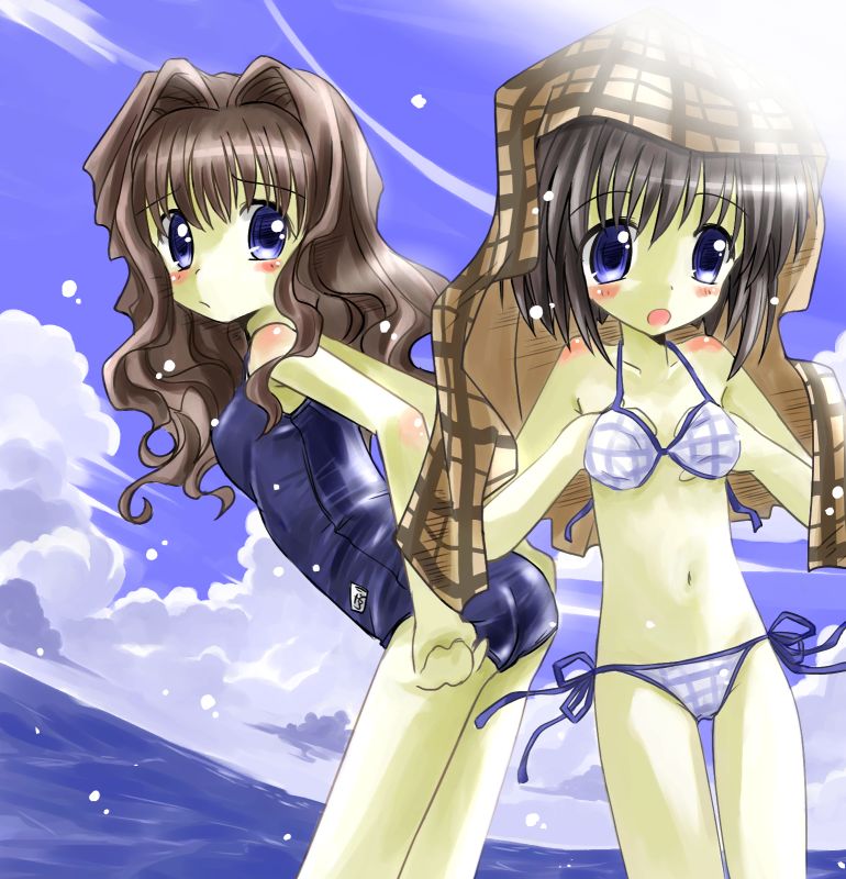 yuugiri (artist), yuugiri (u-slash), misaka kaori, misaka shiori, kanon, 2girls, bikini, cloud, day, multiple girls, one-piece swimsuit, plaid bikini, plaid clothes, plaid towel, school swimsuit, siblings, side-tie bikini bottom, sisters, string bikini, swimsuit, towel