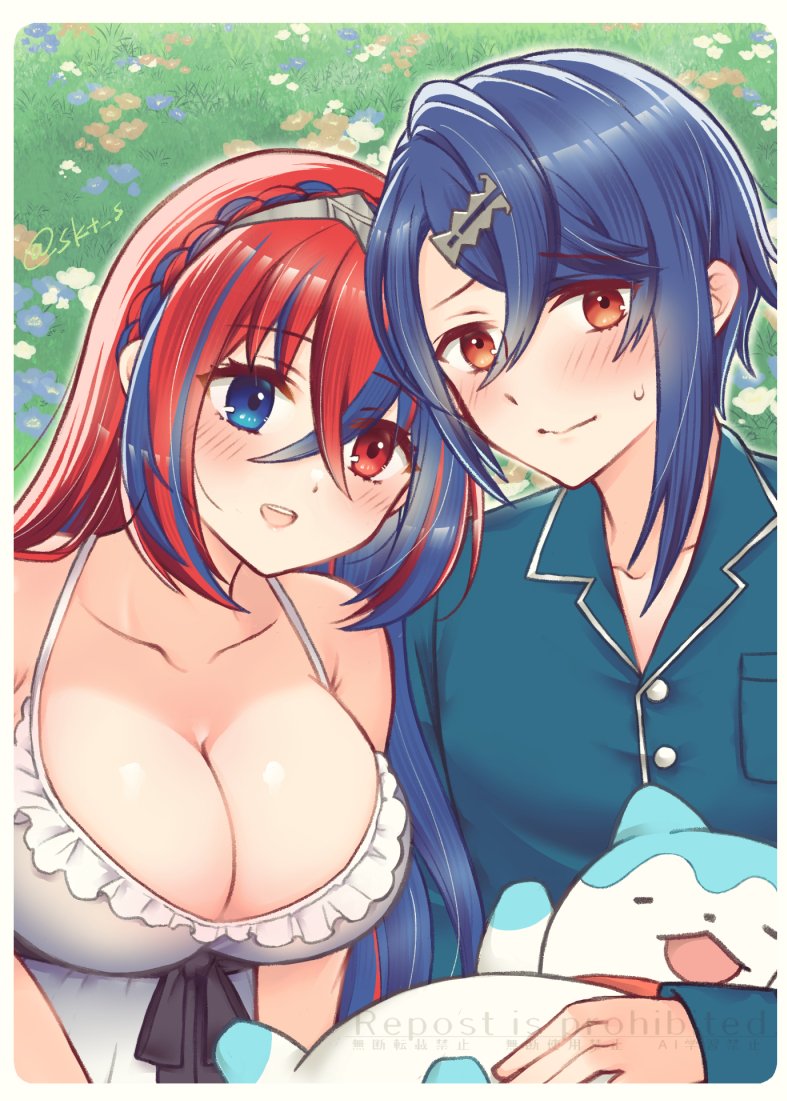skt s, alcryst (fire emblem), female alear (fire emblem), sommie (fire emblem), fire emblem, fire emblem engage, nintendo, 1boy, 1girl, bare shoulders, blue eyes, blue hair, blue shirt, blush, braid, breasts, cleavage, closed mouth, collarbone, crossed bangs, crown braid, dress, flower, grass, hair between eyes, hair ornament, hairclip, heterochromia, large breasts, long hair, long sleeves, looking at viewer, multicolored hair, open mouth, red eyes, red hair, shirt, short hair, sleeveless, sleeveless dress, smile, split-color hair, teeth, tiara, two-tone hair, upper body, upper teeth only, very long hair, white dress