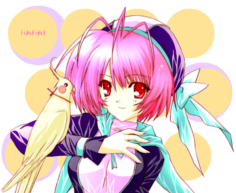 fukufuku, original, 1girl, animal on arm, bird, bird on arm, english text, female focus, hat, looking at viewer, pink hair, red eyes, smile, solo, upper body