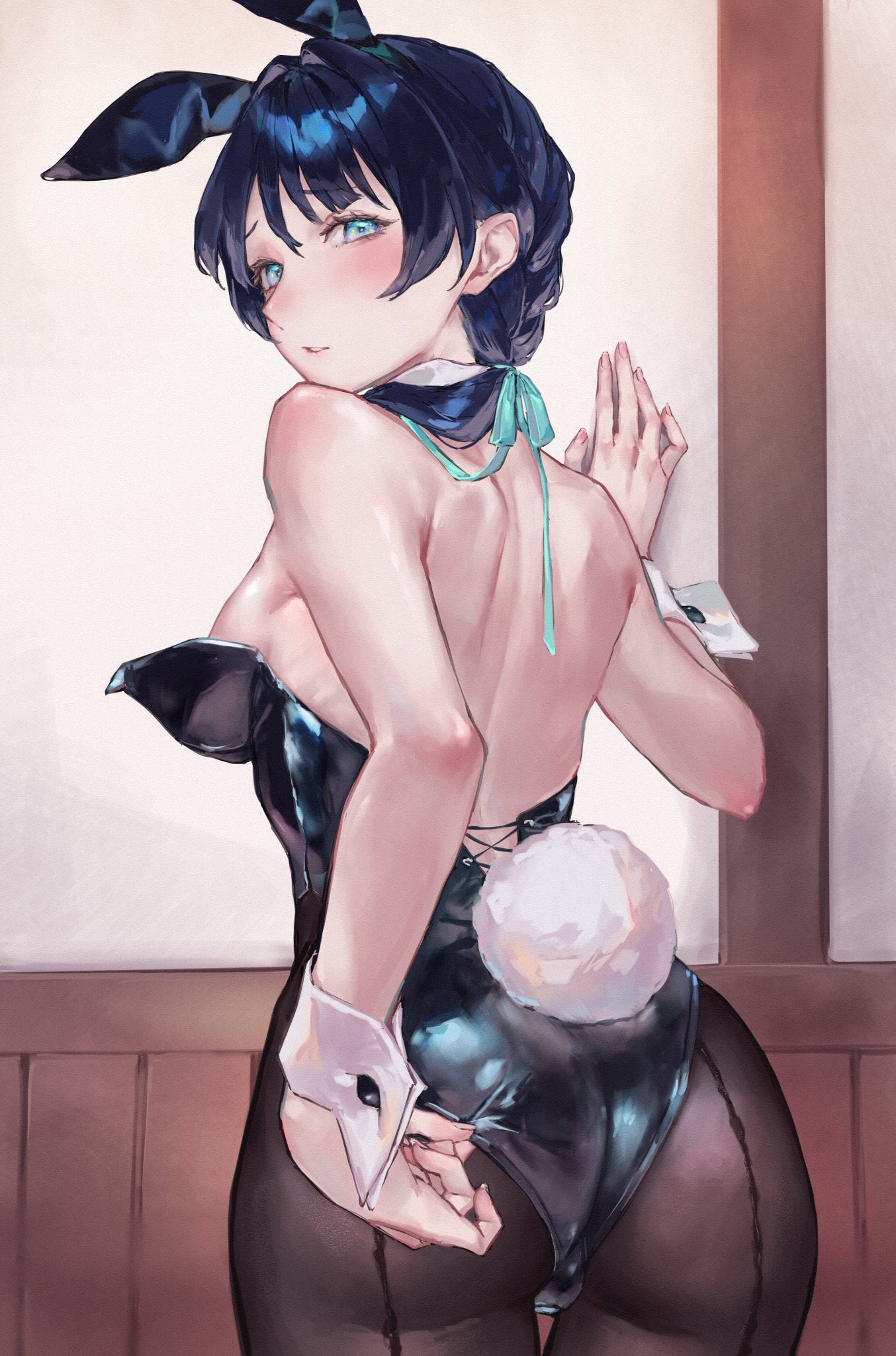 saidamoosu, murano sayaka, link! like! love live!, love live!, commentary, highres, 1girl, alternate costume, animal ear hairband, animal ears, ass, back, backless leotard, black leotard, black pantyhose, blue eyes, blue hair, blue ribbon, blush, breasts, cowboy shot, embarrassed, fake animal ears, from behind, hair ribbon, hairband, leotard, leotard tug, long hair, low twintails, median furrow, pantyhose, parted lips, playboy bunny, rabbit ear hairband, rabbit ears, ribbon, shoulder blades, small breasts, solo, strapless, strapless leotard, twintails, virtual youtuber