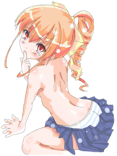 original, lowres, 1girl, arm support, ass, back, bare back, blonde hair, blue panties, bow, brown eyes, female focus, finger to mouth, hair bow, kneeling, leaning forward, looking back, miniskirt, no bra, panties, pleated skirt, skirt, solo, striped clothes, striped panties, topless female, underwear, undressing