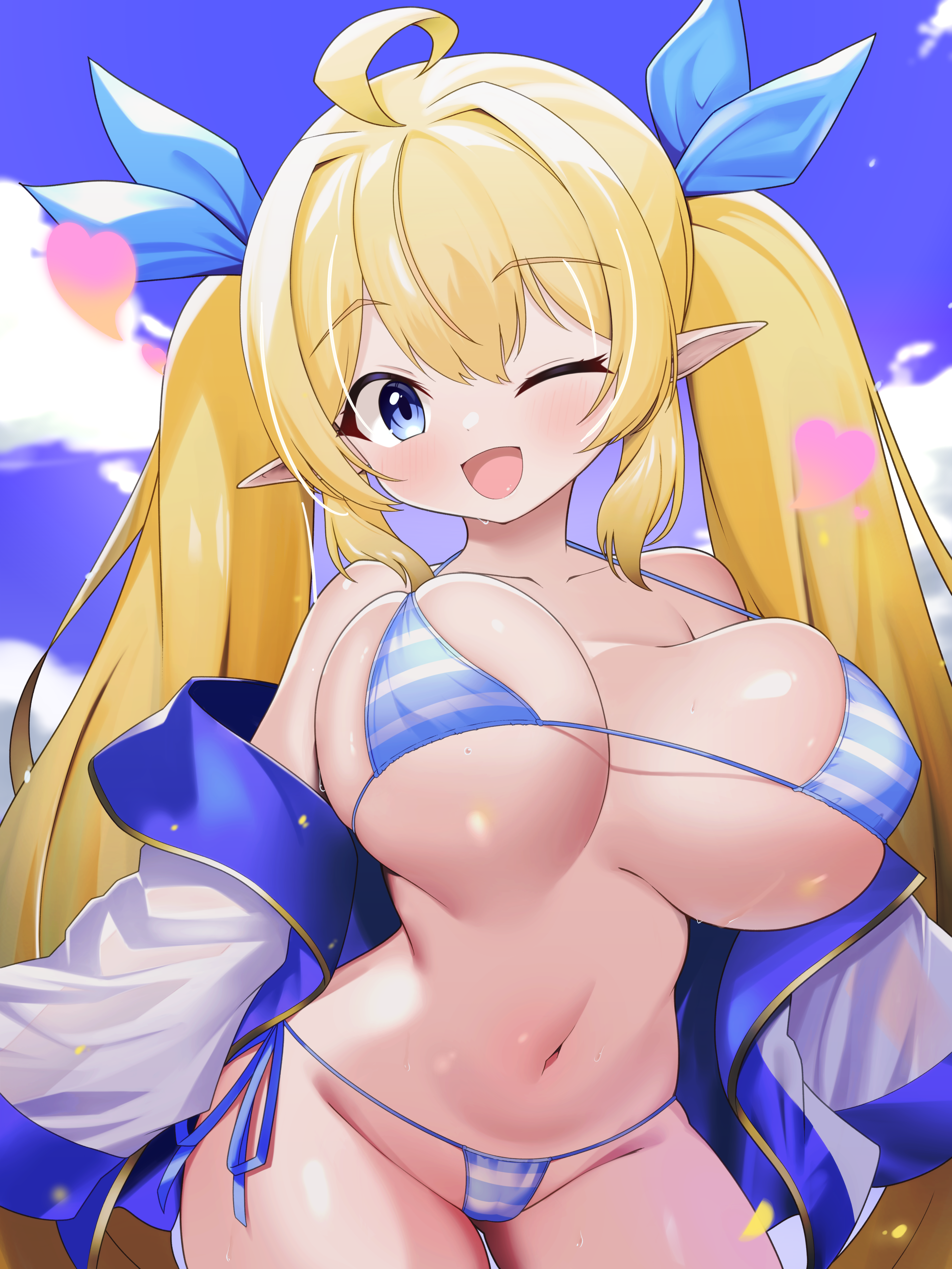modaeru (555toyo), original, absurdres, highres, 1girl, :d, ahoge, bikini, blonde hair, blue eyes, blush, bow, breasts, clothes pull, cloud, cloudy sky, curvy, groin, hair bow, hair intakes, heart, jacket, jacket pull, large breasts, long hair, long pointy ears, micro bikini, navel, one eye closed, open mouth, oppai loli, pointy ears, shortstack, sky, sleeves past fingers, sleeves past wrists, smile, solo, striped bikini, striped clothes, swimsuit, twintails, very long hair, wide hips