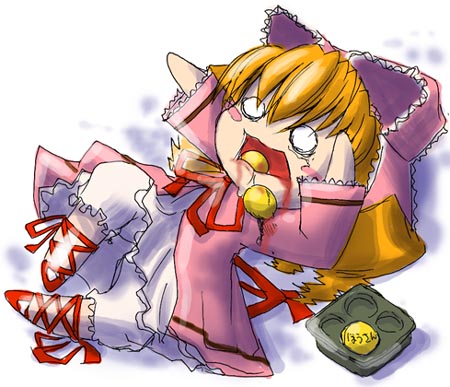 hinaichigo, rozen maiden, lowres, 00s, 1girl, blonde hair, blush stickers, bow, chibi, chibi only, female focus, lying, o o, on back, pink bow, solo