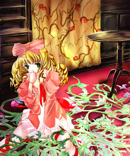 hinaichigo, rozen maiden, 00s, 1girl, blonde hair, bow, covering own mouth, drill hair, female focus, green eyes, hand over own mouth, long hair, pink bow, solo