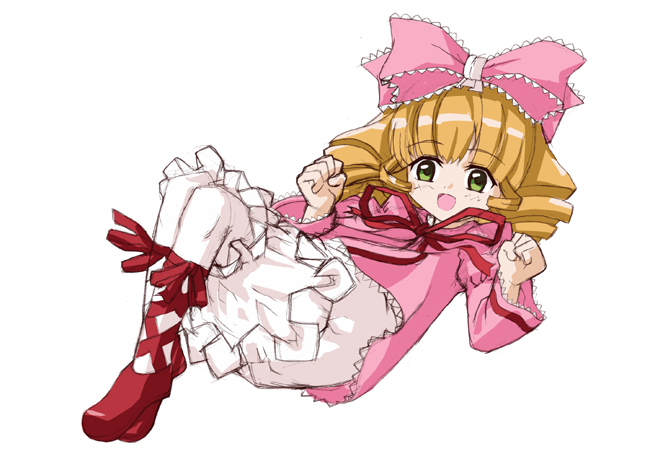 hinaichigo, rozen maiden, 00s, 1girl, blonde hair, bow, brown hair, dress, drill hair, female focus, green eyes, hair bow, looking at viewer, lying, on back, pantyhose, ribbon, simple background, solo, white background