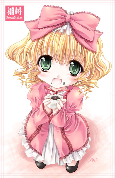 miyama-zero, hinaichigo, rozen maiden, 00s, 1girl, blonde hair, bow, dress, female focus, from above, green eyes, hair bow, holding, looking up, open mouth, ribbon, solo