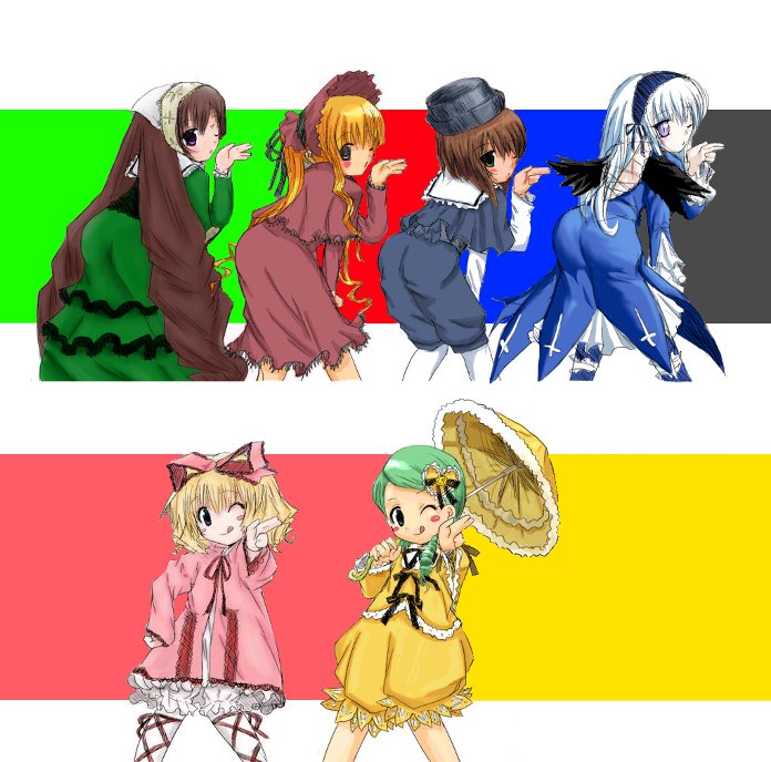 hinaichigo, kanaria, shinku, souseiseki, suigintou, suiseiseki, jinki, rozen maiden, white legwear, 6+girls, :q, blonde hair, blue eyes, blush, bonnet, bow, brown hair, green hair, hair bow, hairband, hand on own hip, hat, heterochromia, hip focus, leaning forward, lineup, long hair, multiple girls, one eye closed, pantyhose, parasol, parody, pointing, short hair, siblings, sisters, tongue, tongue out, twins, umbrella, very long hair, white hair, wink