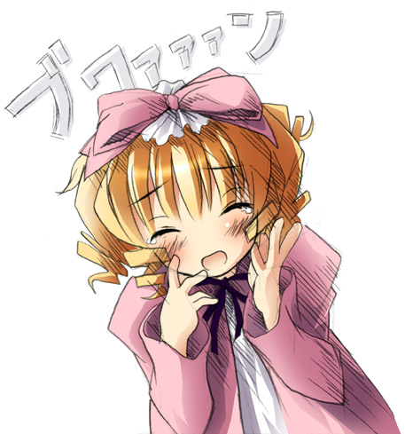 kantoku, hinaichigo, rozen maiden, lowres, 00s, 1girl, blonde hair, bow, closed eyes, drill hair, female focus, open mouth, pink bow, solo, upper body