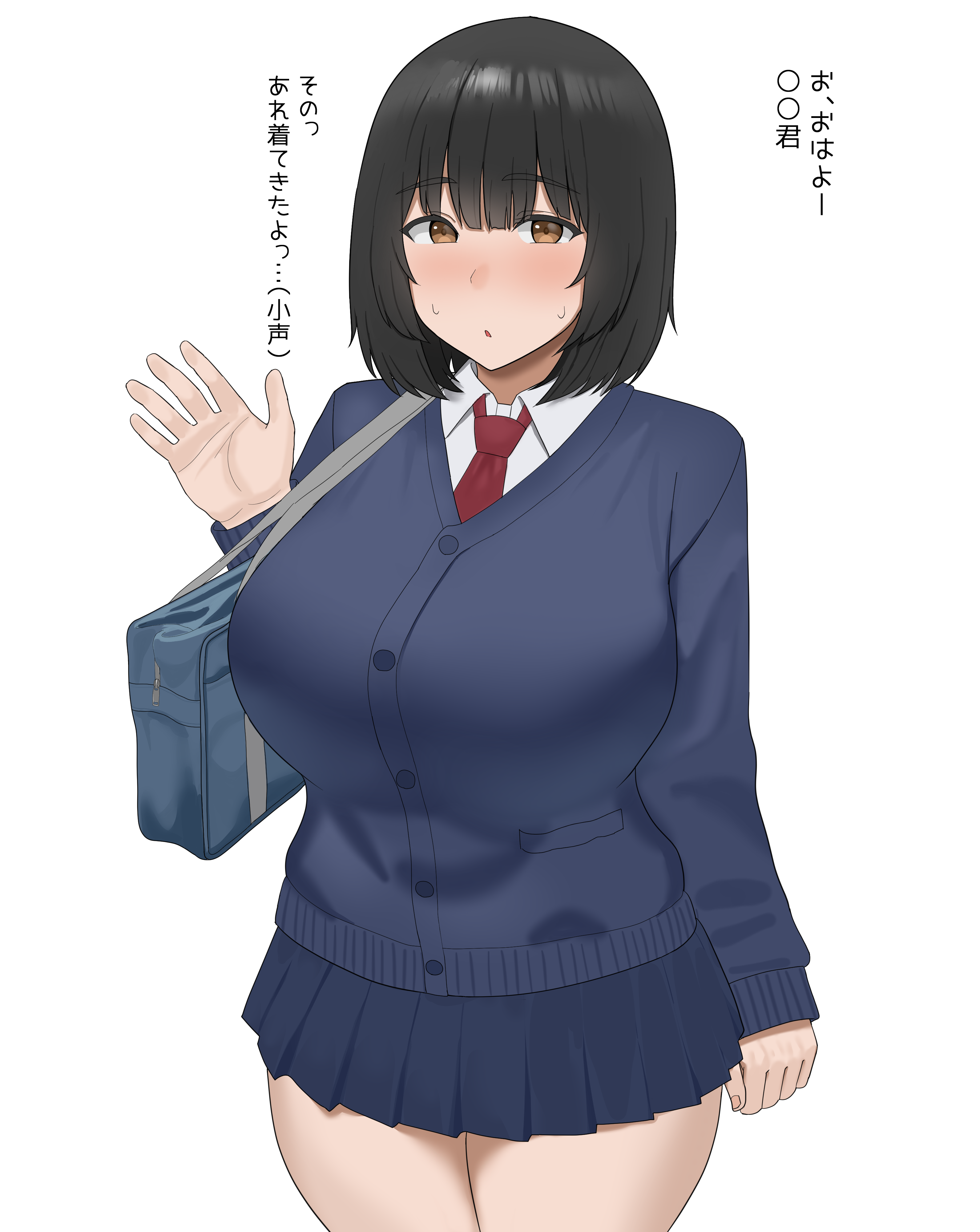 riasu, original, absurdres, highres, 1girl, arm at side, bag, black hair, blush, breasts, brown eyes, hand up, large breasts, looking at viewer, necktie, school bag, school uniform, skirt, solo, standing, sweatdrop, white background