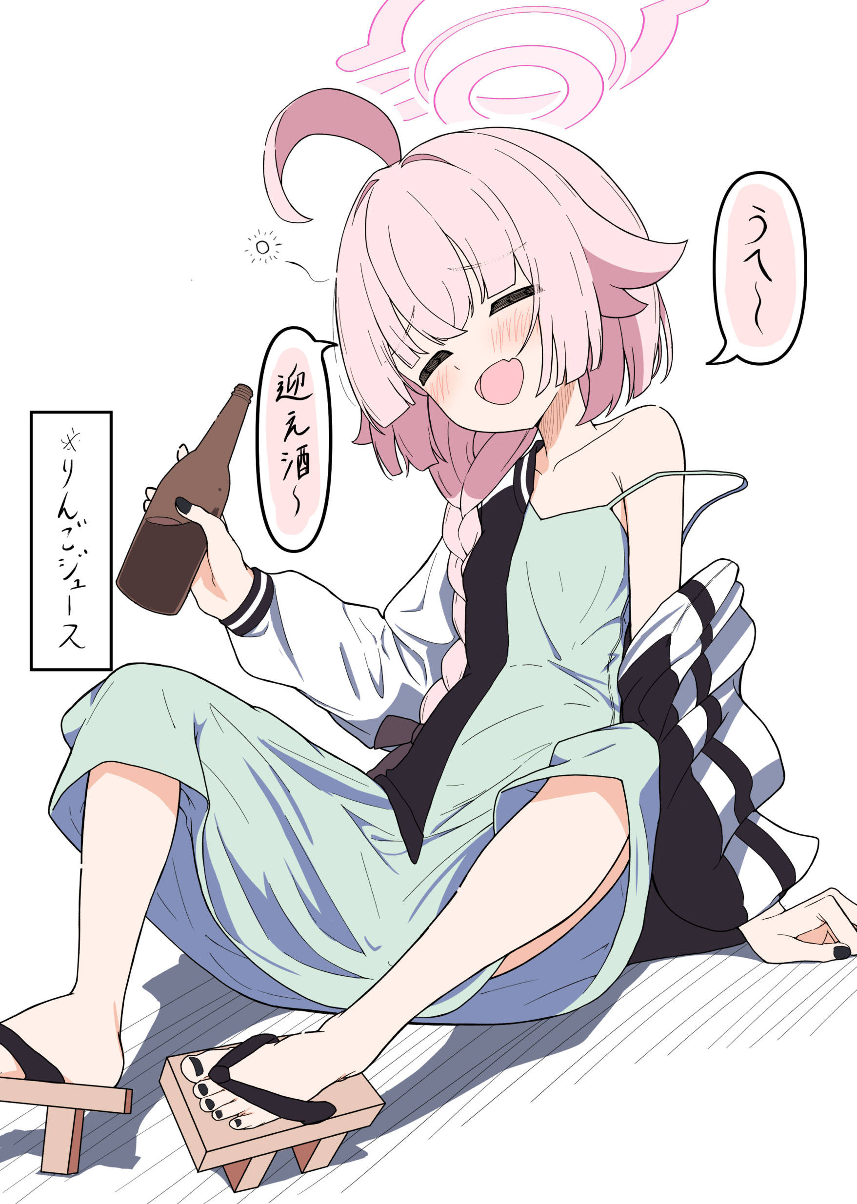 izuno (izunoyoshiki), hiroi kikuri, hoshino (blue archive), blue archive, bocchi the rock!, absurdres, highres, translation request, 1girl, ahoge, black nails, bottle, braid, closed eyes, cosplay, dress, drunk, fang, geta, green dress, halo, hiroi kikuri (cosplay), holding, holding bottle, jacket, on floor, open mouth, pink hair, pink halo, simple background, single braid, single off shoulder, sitting, skin fang, smile, solo, track jacket, white background