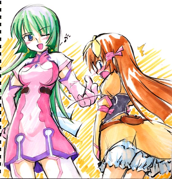 kotona elegance, re mii, zoids, zoids genesis, 00s, 2girls, belt, bloomers, blue eyes, blush, dress, elbow gloves, embarrassed, fang, gloves, green eyes, green hair, hand on own hip, hip focus, long hair, multiple girls, musical note, one eye closed, open mouth, orange hair, quaver, underwear, white bloomers, wink